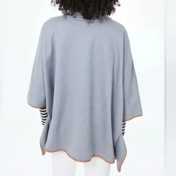 TUCKERNUCK Womens Slate Blue Leather Trim Funnel Neck Piper Poncho Gray One Size - Picture 4 of 6